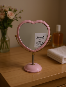 Specchio da Trucco da Tavolo a Forma di Cuore, Cornice in Plastica Rosa, Supporto Placcato Oro, Monofacciale - Product Image 2