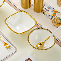 Bol carré en céramique blanc de qualité supérieure avec bordure dorée perlée - Vaisselle élégante pour la maison, les fêtes et les mariages
