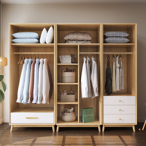 Modern Minimalist Solid Wood Wardrobe Hinged Door <b>Small</b> Apartment Bedroom Storage Cabinet Natural Wood Color Space Saving Design - Product Image 3