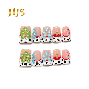 <span class=keywords><strong>Uñas</strong></span> Postizas Cortas con Diseño <span class=keywords><strong>de</strong></span> Flores 3D Coloridas y Estampado <span class=keywords><strong>de</strong></span> Vaca, Estilo Francés - Product Image 1