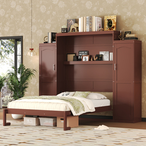 Modern Queen Size Murphy <b>Bed</b> Solid <b>Pine</b> Wood Full Wall <b>Bed</b> Wardrobe Storage Shelf Foldable Platform Bedframe Guest-Room Bedroom - Product Image 5