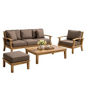 Sofá Minimalista de Teca Sólida para Exteriores, Tres Plazas, Reposabrazos Curvos, Cojín Marrón Resistente a la Intemperie, Sofá de Jardín para Patio - Product Image 1