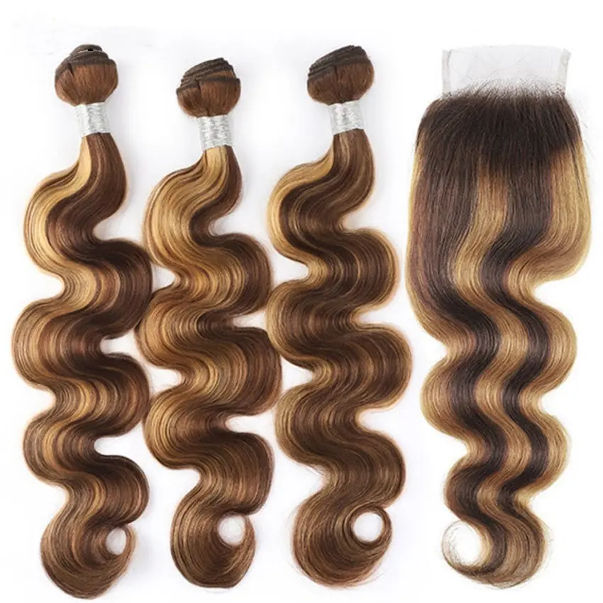 10A 13X4 4X4 Cheap wholesale wig bundle piano color 4/27 hair curtain hair block body wave bundles closure hair for white women