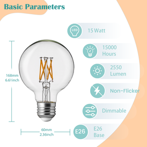 Ampoule LED en verre à haut rendement lumineux G125 15W <span class=keywords><strong>Lumière</strong></span> du jour 2550LM Culot E26 AC 120V Filament CRI90 Dimmable pour lecture et salons - Product Image 2