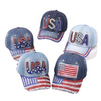 Gorra de Béisbol de Mezclilla con Pedrería de la Bandera de EE. UU. al por Mayor, Sombrero Patriótico Brillante, Accesorio de Moda para el 4 de Julio