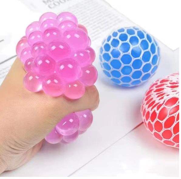 Kids Anti-Stress Fidget Toy Hand Bead Stress Ball Rubber Squeeze Mesh Glitter Grape Ball Sensory Squishy Squeeze Toys for Girls