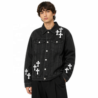 Veste en jean noir délavé pour homme, style gothique avec patch croix, manteau de camionneur vintage, streetwear, logo personnalisé OEM