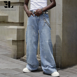 Pantalon de travail à double genouillère orné de strass, lavage délavé personnalisé LARSUR, jean cargo brillant orné de bijoux - Product Image 4