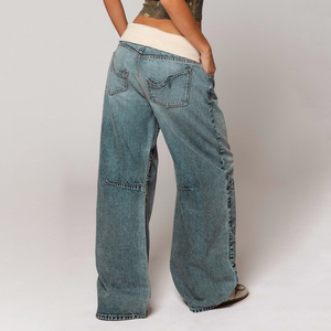 Vaqueros vintage de cintura media, lavados a la piedra, ecológicos, de pierna ancha y holgados, con diseño de puntada ondulada, de caída suelta, largos hasta el suelo, estilo casual urbano. - Product Image 2