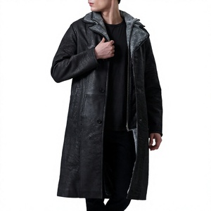 Abrigo Largo de Cuero Genuino para Hombre con Capucha, Solapa con Muescas, Cierre de Botón Sencillo, Grueso para Invierno - Product Image 1