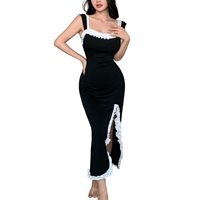 Robe longue moulante noire pour femme, nouvelle collection, avec volants contrastants blancs, fente haute, en maille de soie de lait, style décontracté, best-seller