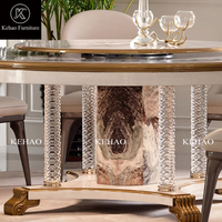 Luxuriöser Runder Marmor-Esstisch mit Drehbarem Lazy Susan, Kristallbeinen und Goldverzierung, Hochwertiger Maßgefertigter Villa-Esstisch