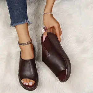 2023 Summer Slope Heel Slippers Women's Matsuke Fish Mouth Fashion Slippers Brown Outer Wear Thick Sole Sandals