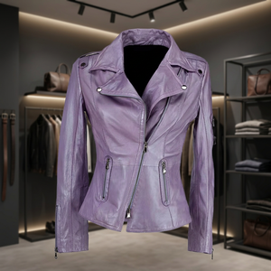 Ladies Vintage Real <b>Cow</b> Skin Washed Waxed Leather Denim Bomber Jacket <b>Purple</b> Quilted Breathable Waterproof Eco-Friendly - Product Image 2