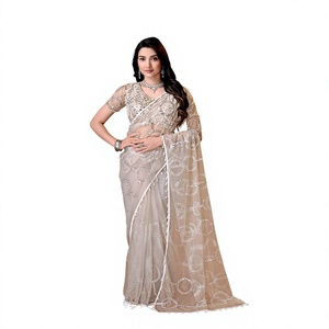 Elegante Saree de red color champán con bordado de lentejuelas plateadas, ideal para bodas indias y fiestas, para mujer, largo hasta el suelo, sin arrugas, para verano. - Product Image 1