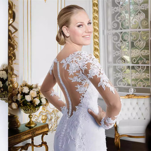 Wedding Dress Mermaid Silhouette Sweetheart Neckline White Floral Lace Long Sleeve With Veil For Bride - Product Image 2