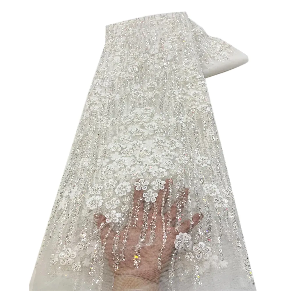 NI.AI Luxe français perlé Tulle dentelle 3D fleur broderie Net dentelle tissu avec perles pour robe de soirée