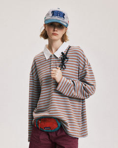 T-shirt a Maniche Lunghe <span class=keywords><strong>Oversize</strong></span> da Uomo in Tessuto Elasticizzato 305gsm Tinto in Filo a Righe e Blocchi di Colore Personalizzate Vendita all'Ingrosso - Product Image 5