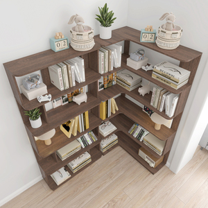 Corner Bookshelf Set Of 2 Dark Brown 90 Cm Space Saving Extendable Display <b>Shelf</b> For Home Office Storage - Product Image 3