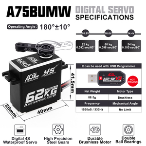 Servo AGFRC 62KG Super Torque HV 0.092Seg A75BUMW con Engranajes de Acero, <span class=keywords><strong>BLS</strong></span>, IP67 Impermeable, Programable, 4S Digital, Escala 1:8, Tamaño Grande - Product Image 4