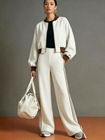 Ensemble 2 pièces pour femmes, veste bomber à col côtelé avec fermeture éclair, pantalon large à rayures latérales, ensemble assorti décontracté