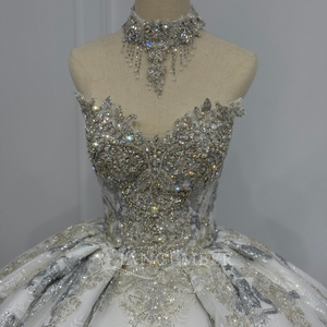 XS296 Modern Sparkly Sweetheart Sequined Beaded Chapel Train Long Lace Flowers <b>Crystal</b> Wedding Dress - Product Image 5