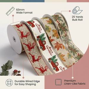 Toptan Noel Tel Kenarlı Kurdele 63mm 25 Yard, Hediye Paketleme Noel Ağacı Süslemesi için Baskılı Çuval Bezi Kurdele - Product Image 4