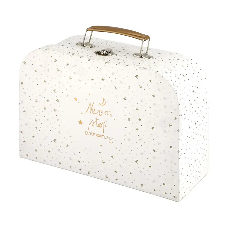 Embalagem de papelão de folha dourada luxuosa personalizada, mala de embalagem de criança com alça para roupas de bebê