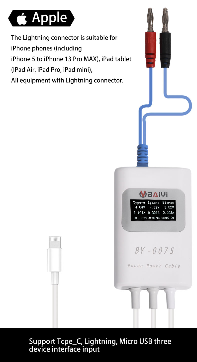 BY-007S Smart Charging Detection Line Cable Support Multiple Fast-charging Protocols TypeC Lightning Micro USB Three Device Tool