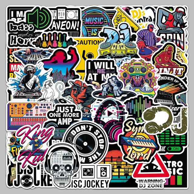 50 Waterproof Self-Adhesive PVC Electronic Music Creative Vinyl Stickers for Decorating Phone Cases Skateboards Musical