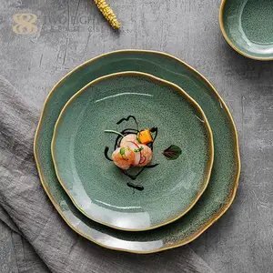 Newest Green Glazed Plates Sets Dinnerware Restaurant Hotel Supplies Dinner Plates Rustic Ceramic Shallow Dishes Plates Set