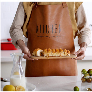 PU leather waterproof and oil-resistant <b>apron</b>, cross-border adult kitchen halter <b>apron</b>, wipeable, <b>work</b> uniform. - Product Image 5