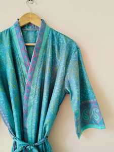 Bata de seda verde con estampado geométrico, estilo kimono, con lazo, manga tres cuartos, cuello en V, larga, para mujer, de verano. - Product Image 3