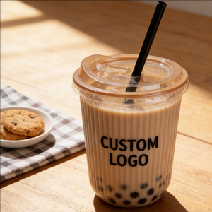 Gobelets à thé au lait Boba en plastique transparent avec logo personnalisé, 9 oz et 12 oz, avec paille - Product Image 1