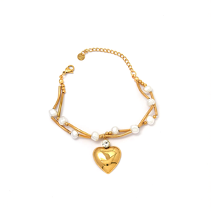 Gold Plated Stainless Steel <b>Beaded</b> <b>Bracelet</b> With Pearl And Heart Charm For Women Fashion Jewelry - Product Image 2