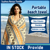 Serviette de plage en microfibre de daim compressée antimicrobienne, résistante au sable, avec poche, motifs floraux imprimés et logo personnalisé