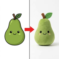 Op maat gemaakt pluche peer speelgoed van fruit schets lichtgroene pluche stof bruine steel vilt blad roze gezicht handgemaakt prototype