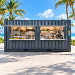 Restaurant en conteneur maritime modifié gris avec fenêtres de cuisine ouvertes pour kiosque alimentaire - Product Image 1