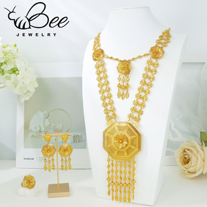 Trendy 24K Gold Plated South Indian Tassel Bridal Wedding Jewlery Set Gold Alloy Women Necklace Earrings For <b>Gifts</b> - Product Image 1