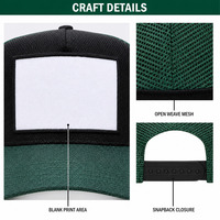 Casquette Trucker personnalisée 5 panneaux, noire à l'avant, dos en maille vert chasseur, visière incurvée, patch vierge, snapback unisexe, vente en gros, OEM, faible MOQ