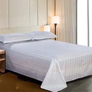 Luxury Hotel Linens Bedding Stripe Bleached 100% Cotton Bedsheet / Flat Sheets Bedding Set