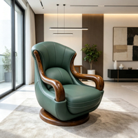 Fauteuil pivotant en cuir vert avec accoudoirs en bois massif courbé, fauteuil de relaxation individuel pour mobilier de bureau de luxe à domicile