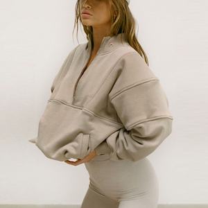 Sweat-shirt zippé décontracté pour femme, style rétro, demi-zip, lourd, en polaire de coton, doublé, court, à col halter, pour jogging - Product Image 1