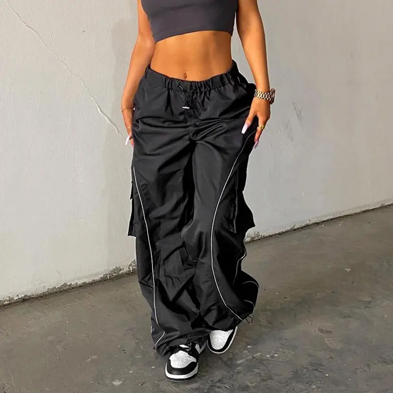 western style drawstring high waist cargo pants colors contrast casual loose wide leg pants fall 2023 women clothes