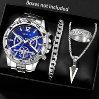 Ensemble de 4 montres pour hommes avec cadran arabe, bague, bracelet et collier, cadeau pour anniversaires, Nouvel An, Noël