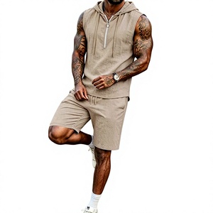 Men's High Quality Customized Color Beige Sleeveless Hooded Tank Top Set Knitted Cotton Breathable Casual Summer Wear Solid - Product Image 2