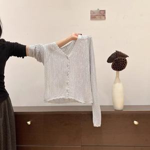 Women's Light Blue V-Neck Knitted <b>Cardigan</b> Hollow Sheer Layer <b>Spring</b> Summer 2026 - Product Image 1
