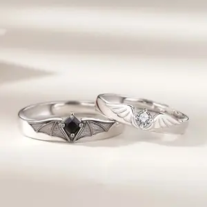 Anéis de anjo e demônio para festa, casal, anel ajustável de diamante, noivado, conjunto de anéis para mulheres e homens