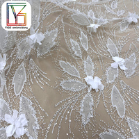 Gaun pernikahan pengantin Perancis berkualitas tinggi renda bunga 3D dengan payet manik-manik putih Laser bordir bunga jala kain renda Tulle