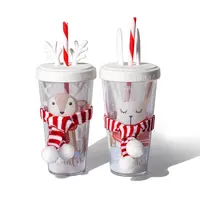 Rendier Kerst Mokken Kids Leuke Tumbler Cups Christmas Gift Sjaal Decoratie Plastic Bekers Met Deksels En Stro Custom Logo
